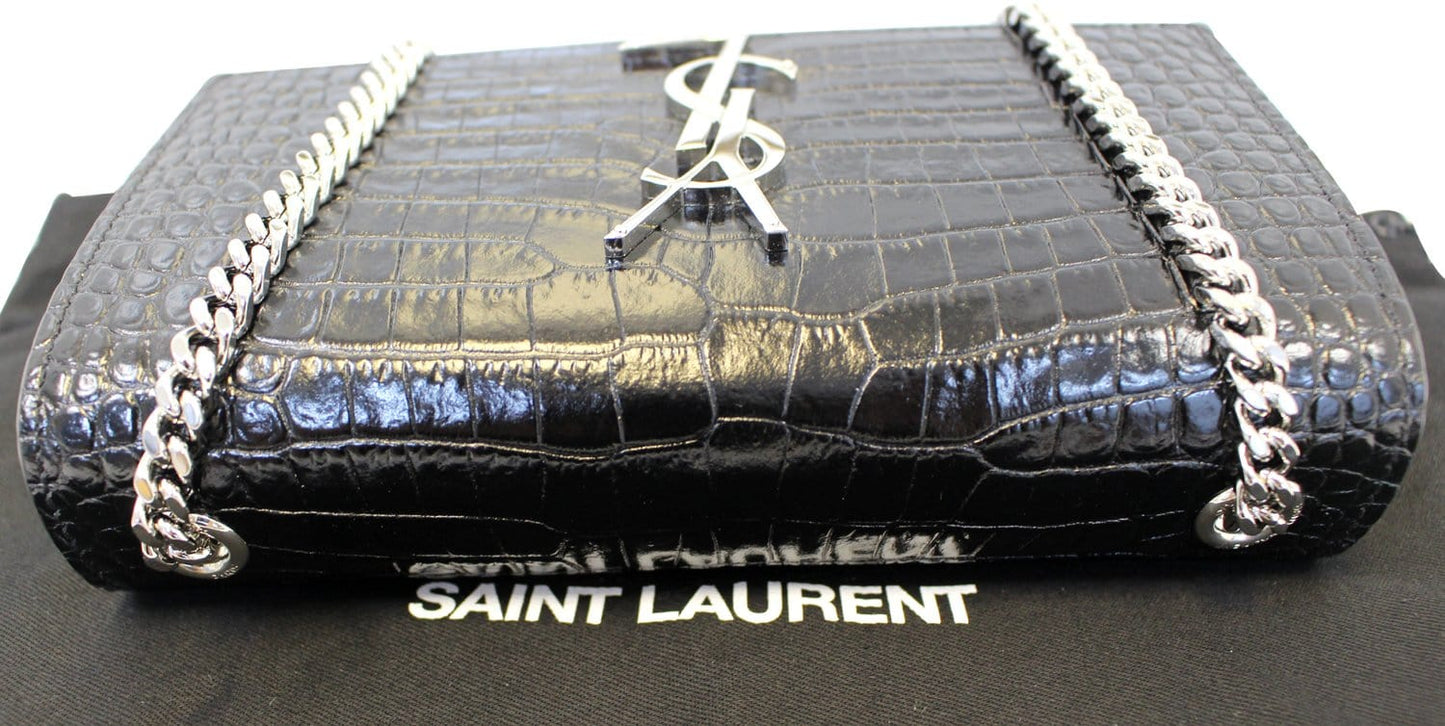 SAINT LAURENT Crocodile Black Leather Silver Chain Clutch Crossbody Bag