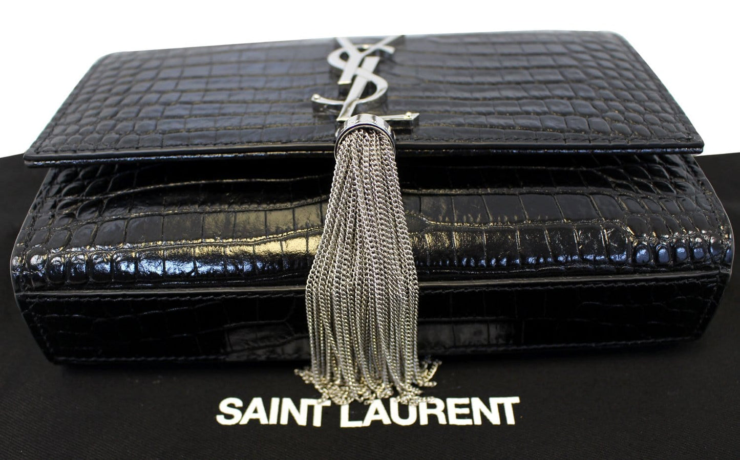 SAINT LAURENT Crocodile Black Leather Silver Chain Clutch Crossbody Bag