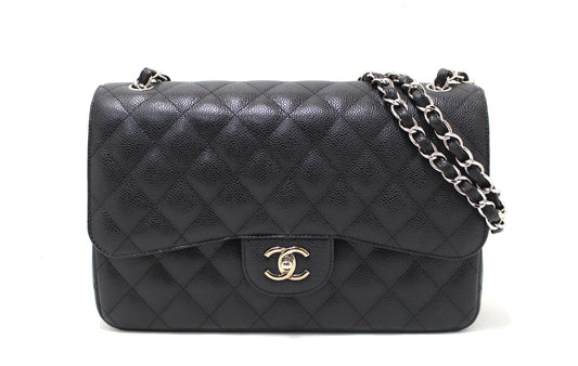 Chanel Black Quilted Caviar Leather Classic Jumbo Double Flap Bag