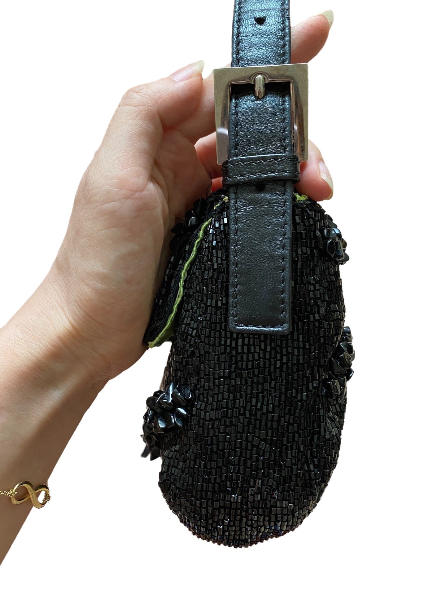 Fendi Baguette Black Beaded Shoulder Bag with Stones in Wave Pattern