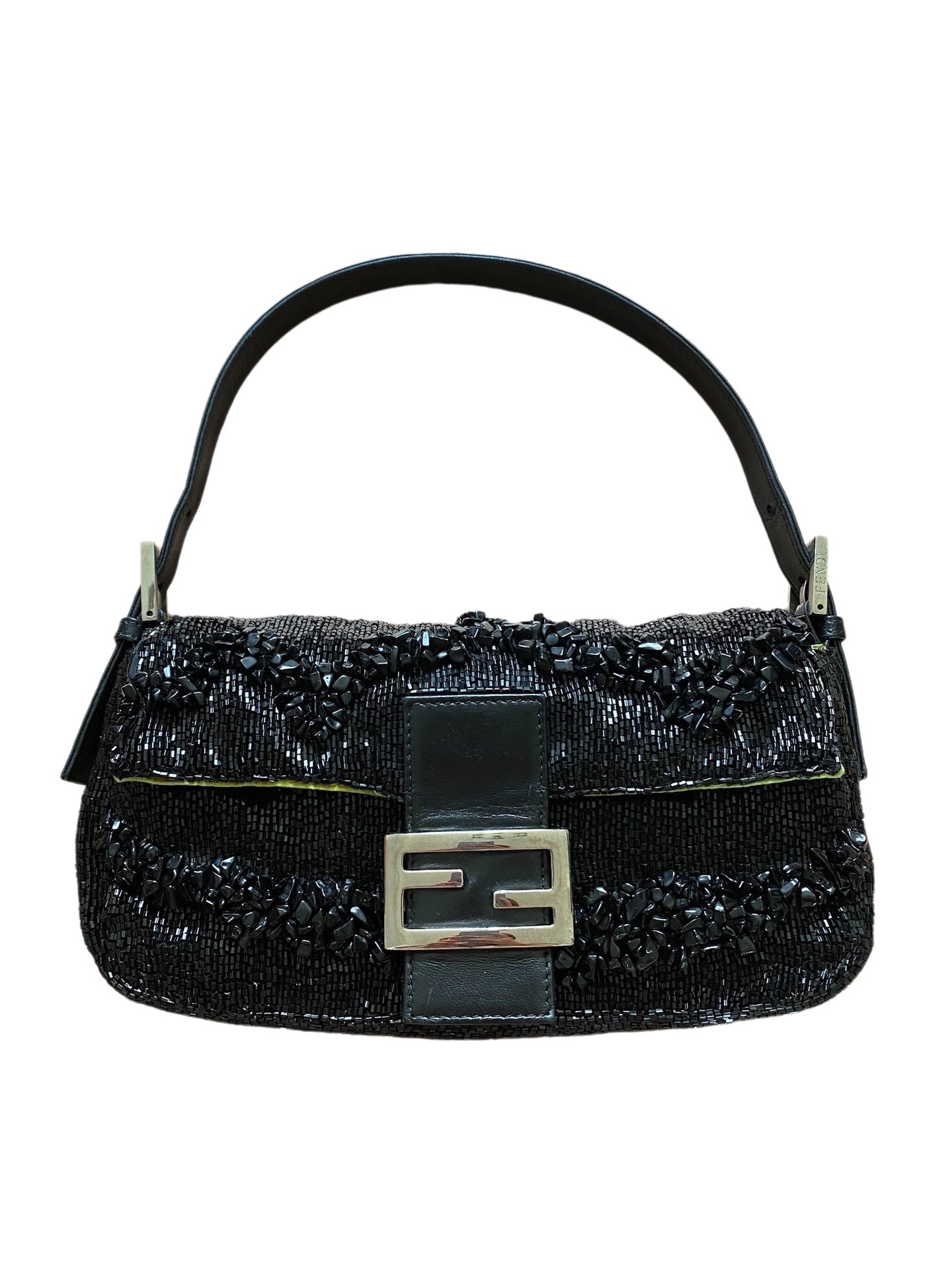 Fendi Baguette Black Beaded Shoulder Bag with Stones in Wave Pattern
