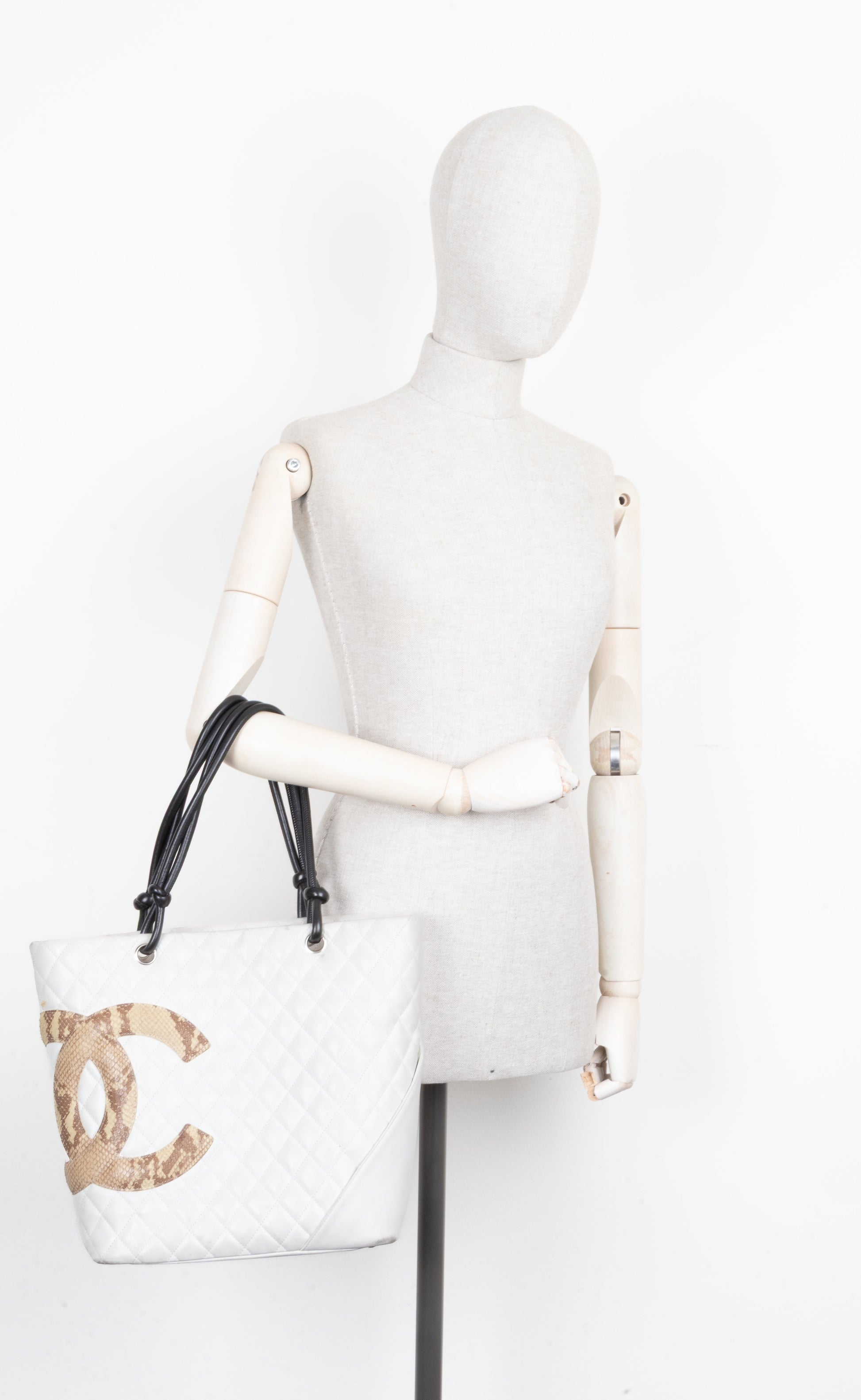 CHANEL Cambon Tote Bag Python White