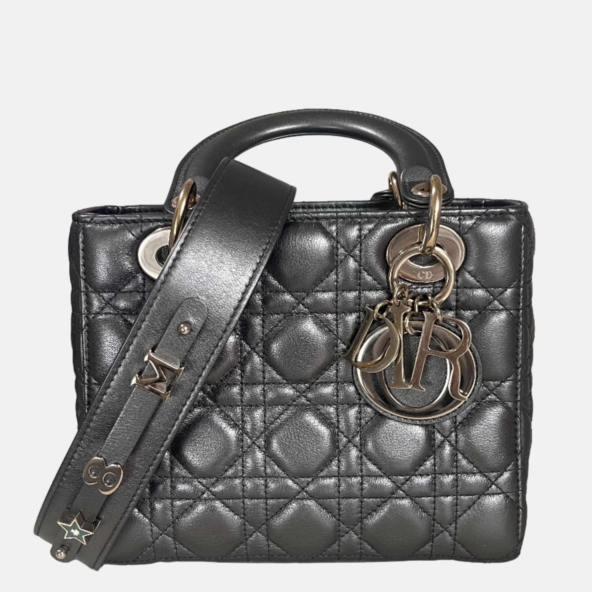 Lady Dior Small ABCdior Gunmetal Grey Cannage Lambskin Handbag with ABC Strap