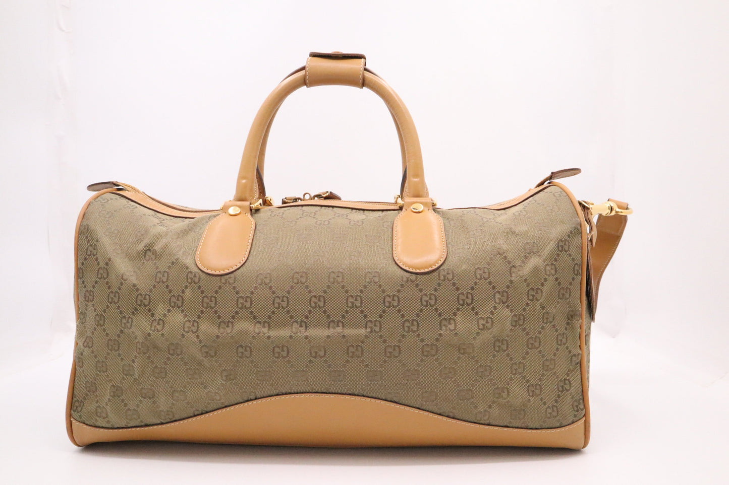 Gucci Boston Bag in Green GG Canvas and Brown Leather