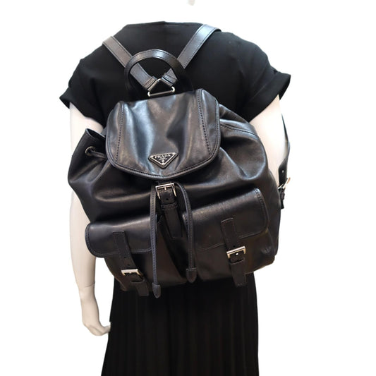 PRADA Milano Double Pocket Leather Backpack Bag Black