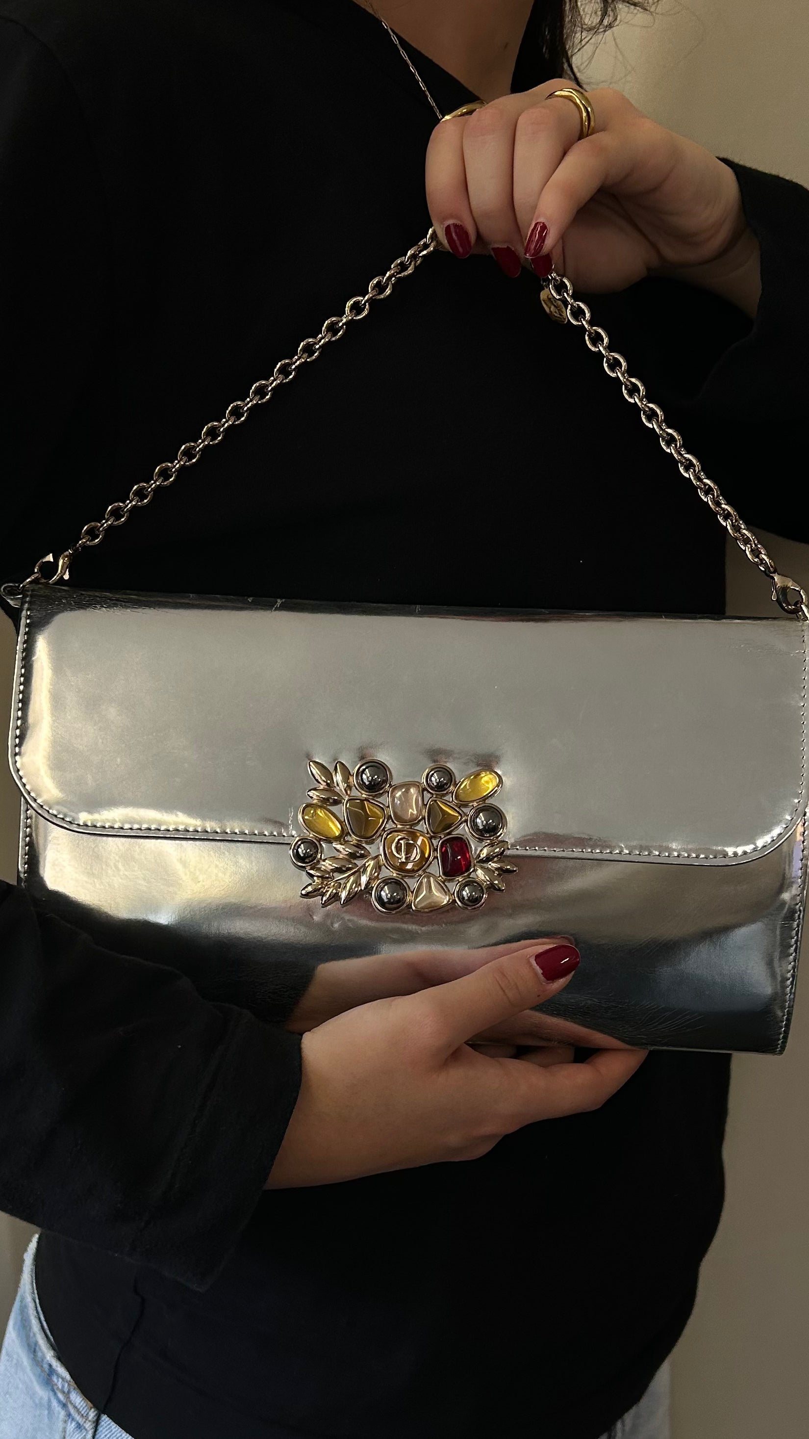 CHRISTIAN DIOR Embellished Clutch Patent Silver