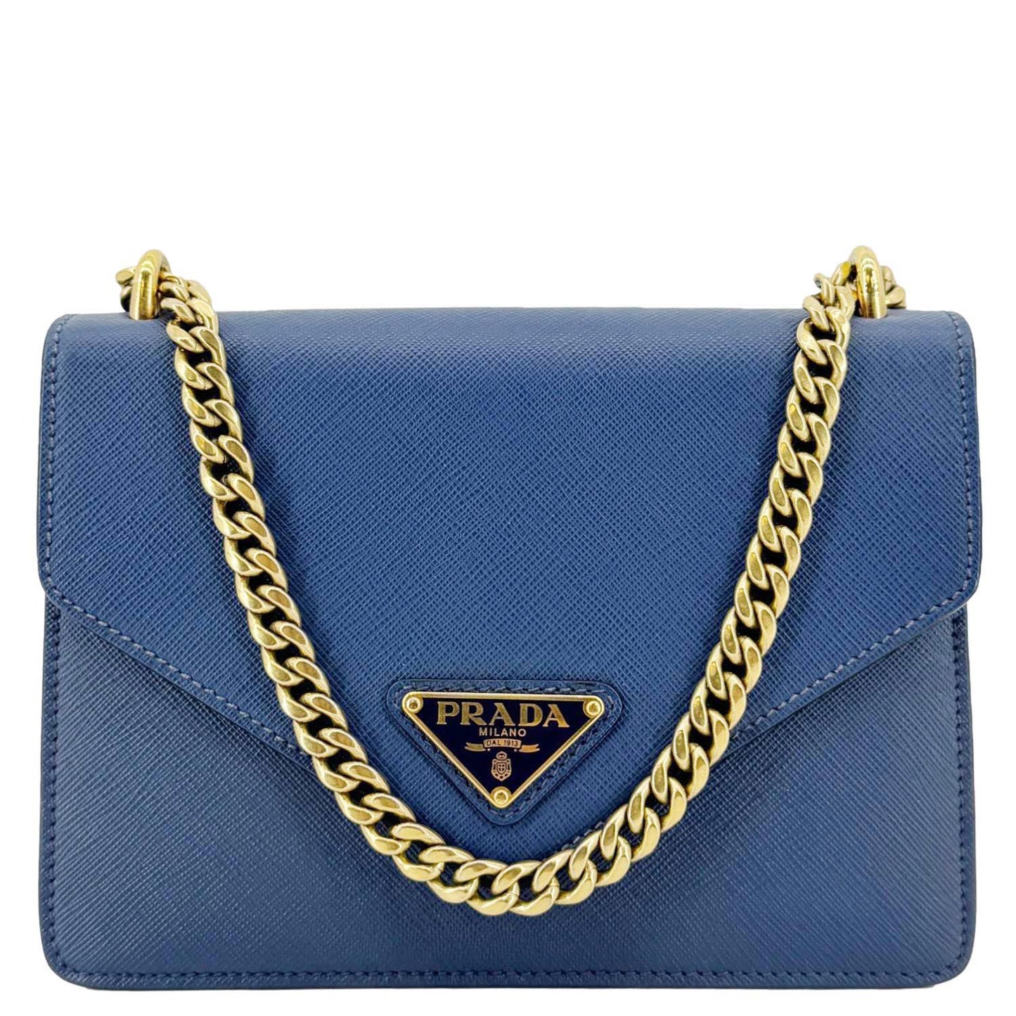 PRADA Metal Triangle Envelope Saffiano Leather Chain Shoulder Bag Blue