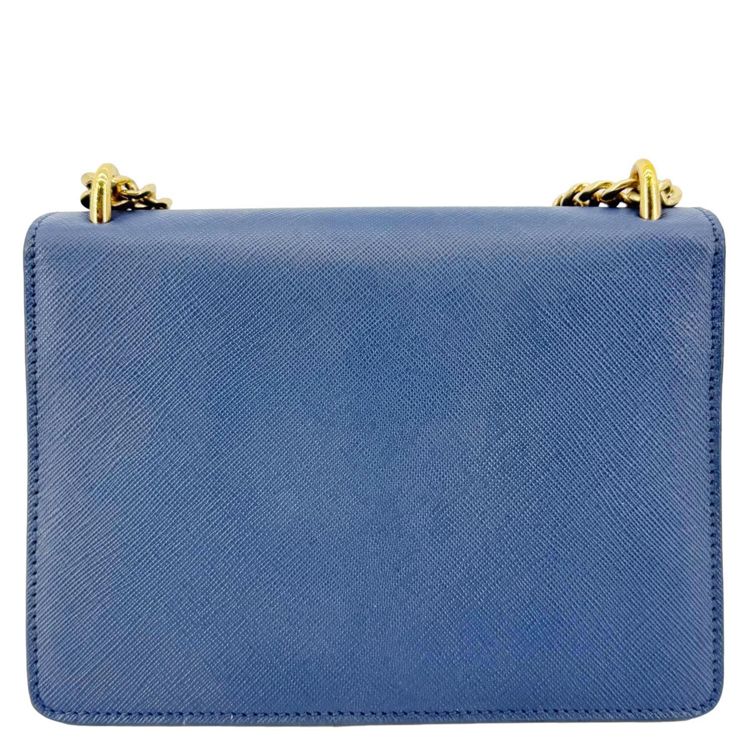 PRADA Metal Triangle Envelope Saffiano Leather Chain Shoulder Bag Blue