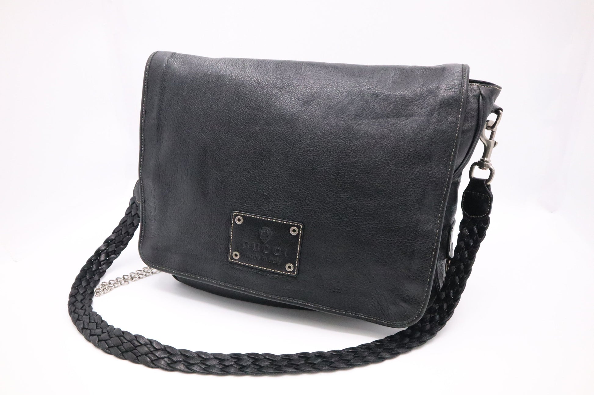Gucci Crest Chain Messenger Bag in Black Leather