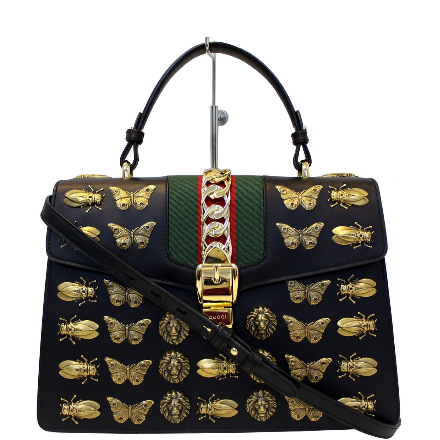 GUCCI Sylvie Animal Studs Calfskin Medium Top Handle Bag Black
