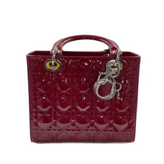 Lady Dior Medium Burgundy Patent Leather Handbag Silver Hardware