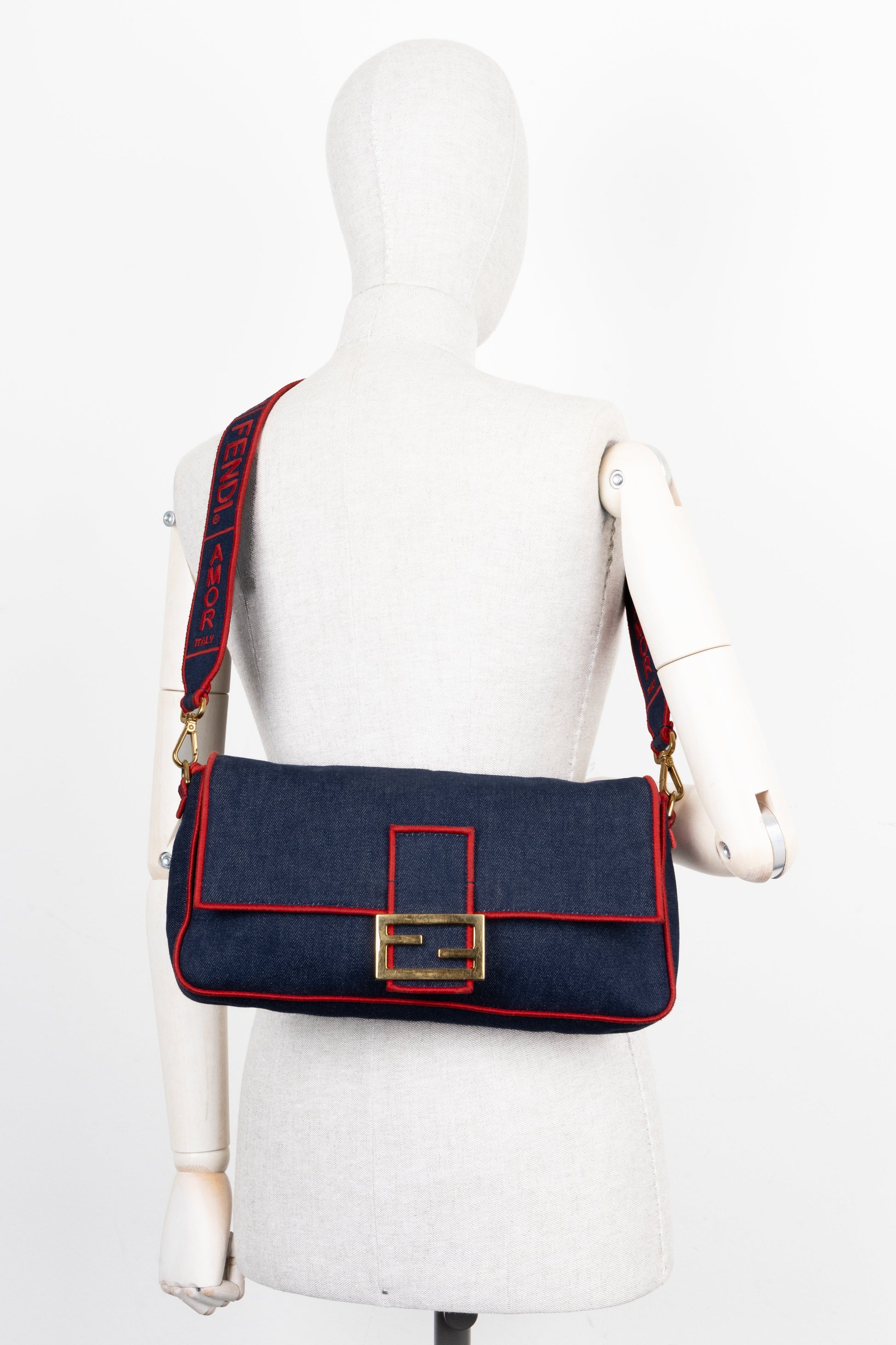 FENDI Large Baguette Crossbody Bag Denim Red