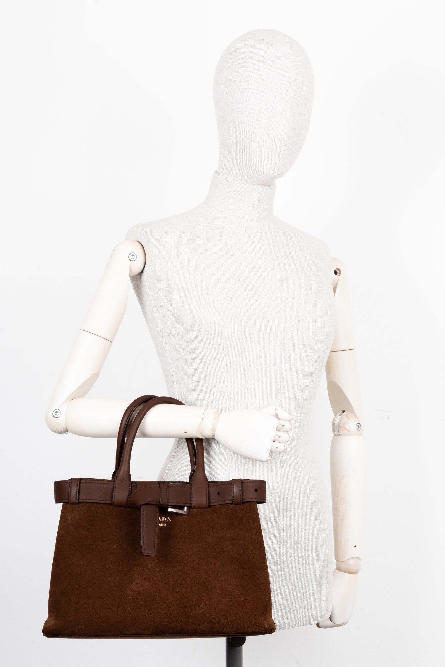 PRADA Medium Buckle Bag Suede Cocoa Brown