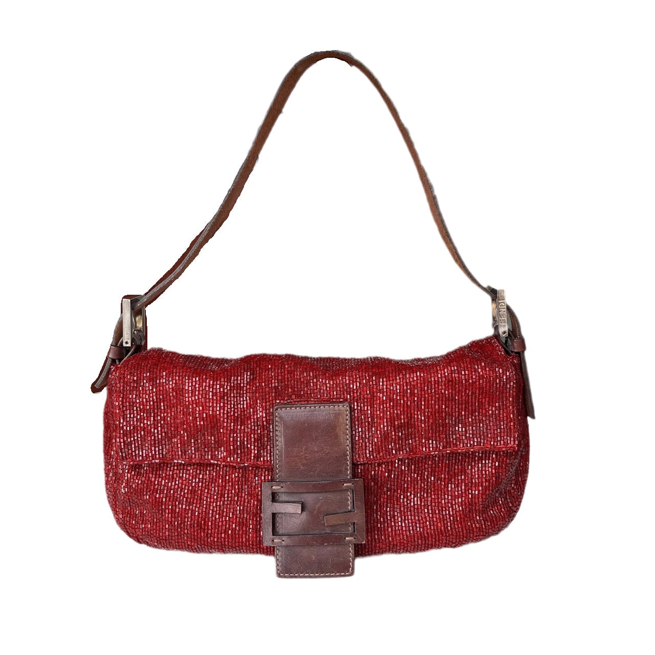Fendi Baguette Red Glittering Beads Shoulder Bag