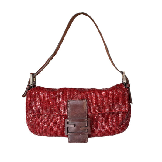 Fendi Baguette Red Glittering Beads Shoulder Bag