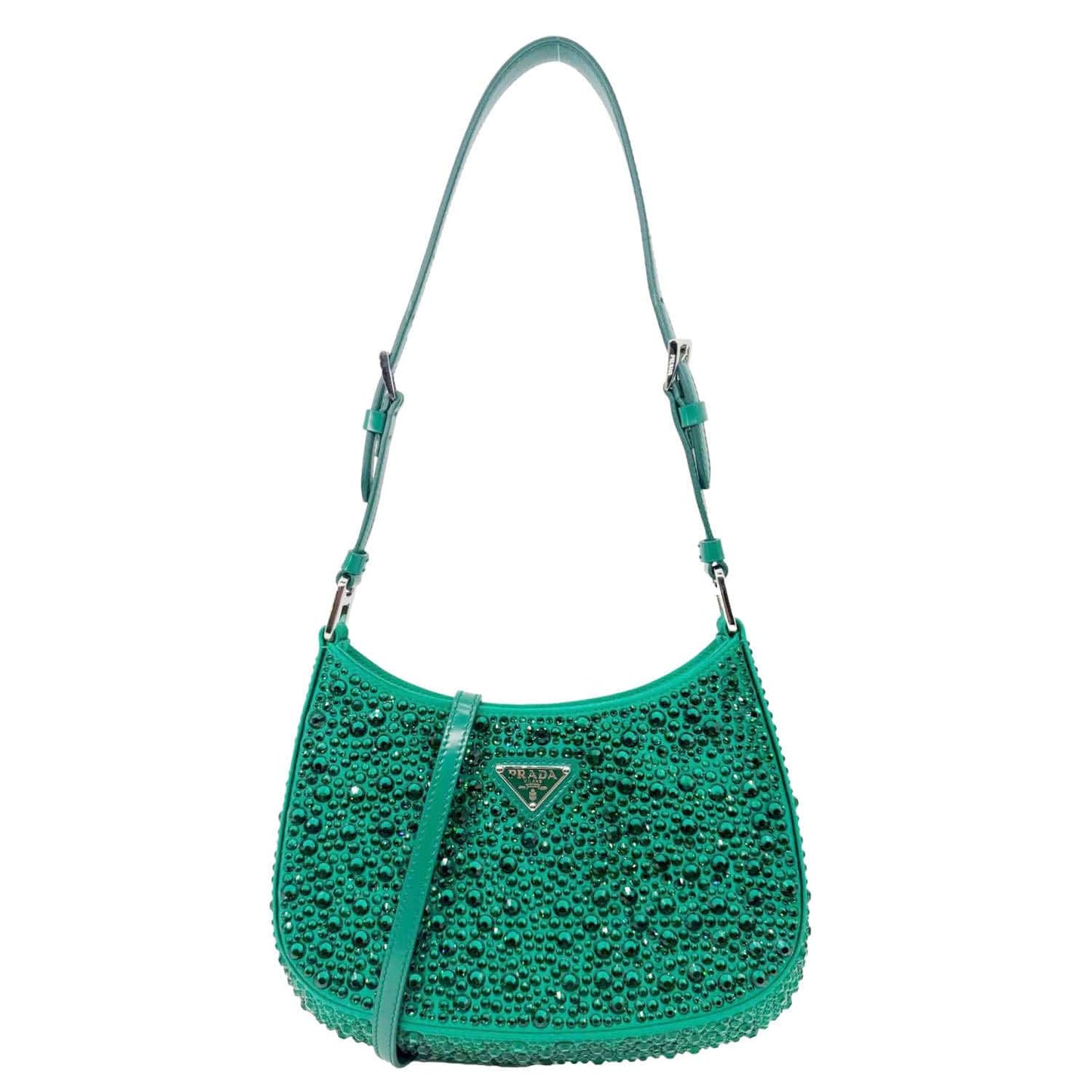 PRADA Cleo Cristal Embellished Satin Shoulder Bag Emerald Green