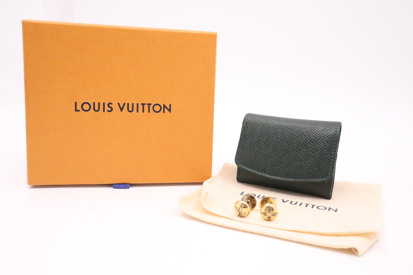 Louis Vuitton Cuff Links with Green Taiga Leather Case