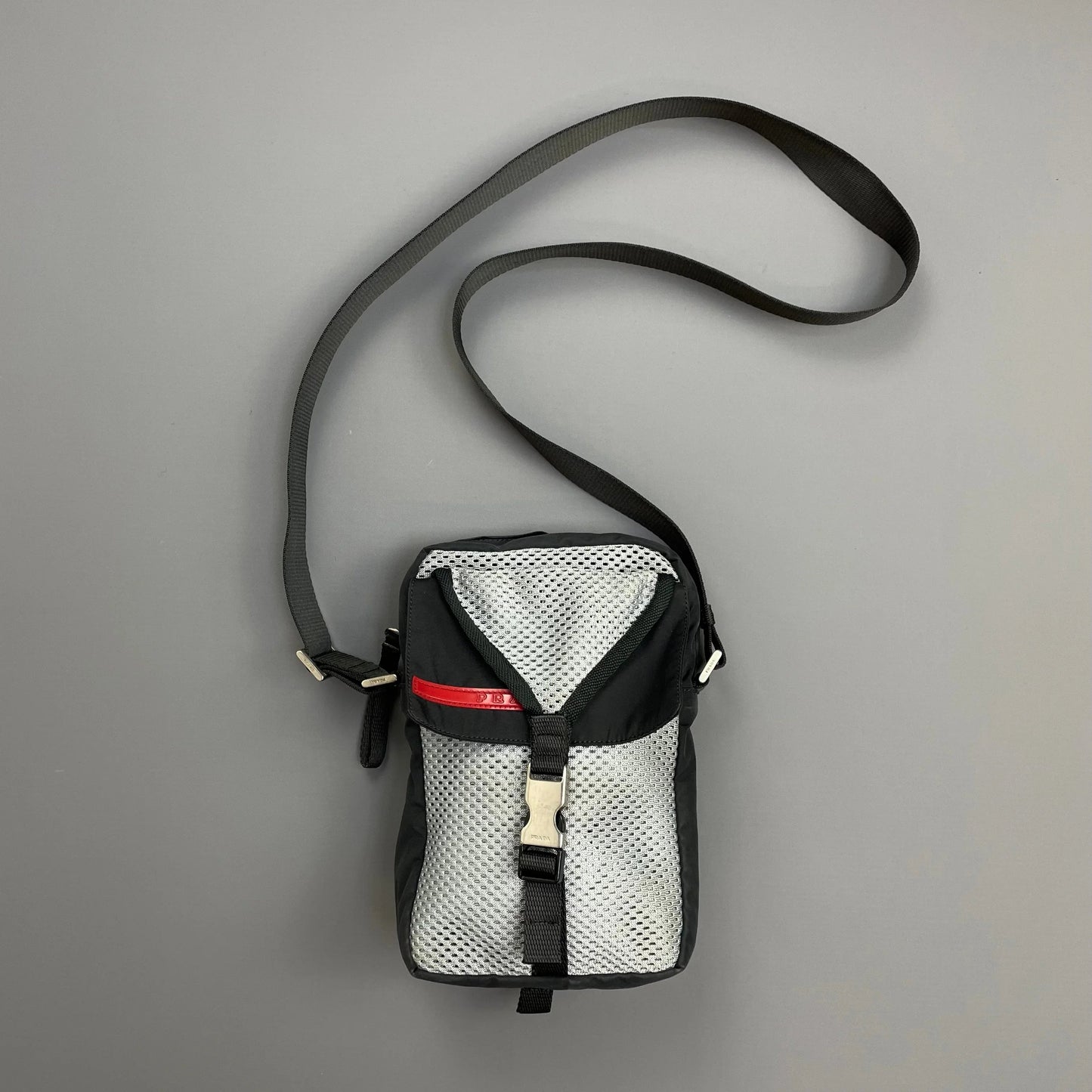 Prada Sport Grey & Black 00s Mesh Crossbody Side Shoulder Bag