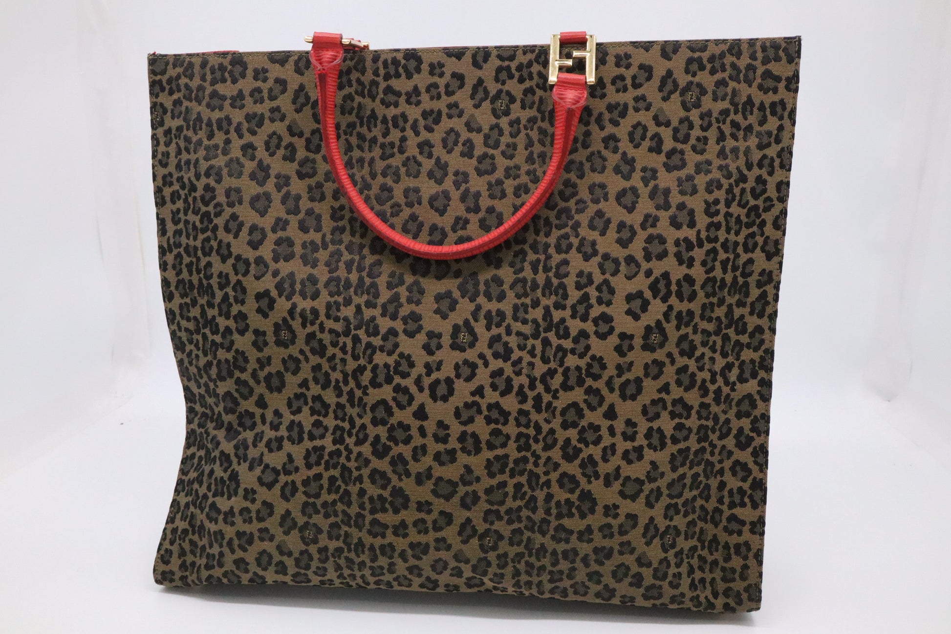 Fendi Shoulder Bag in Leopard Canvas & Red Leather