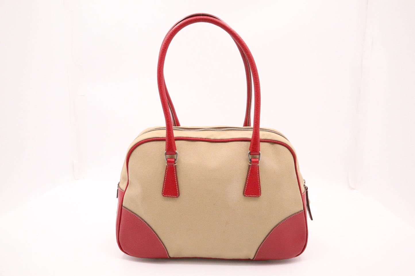 Prada Bowling Bag in Red Leather and Brown Canvas