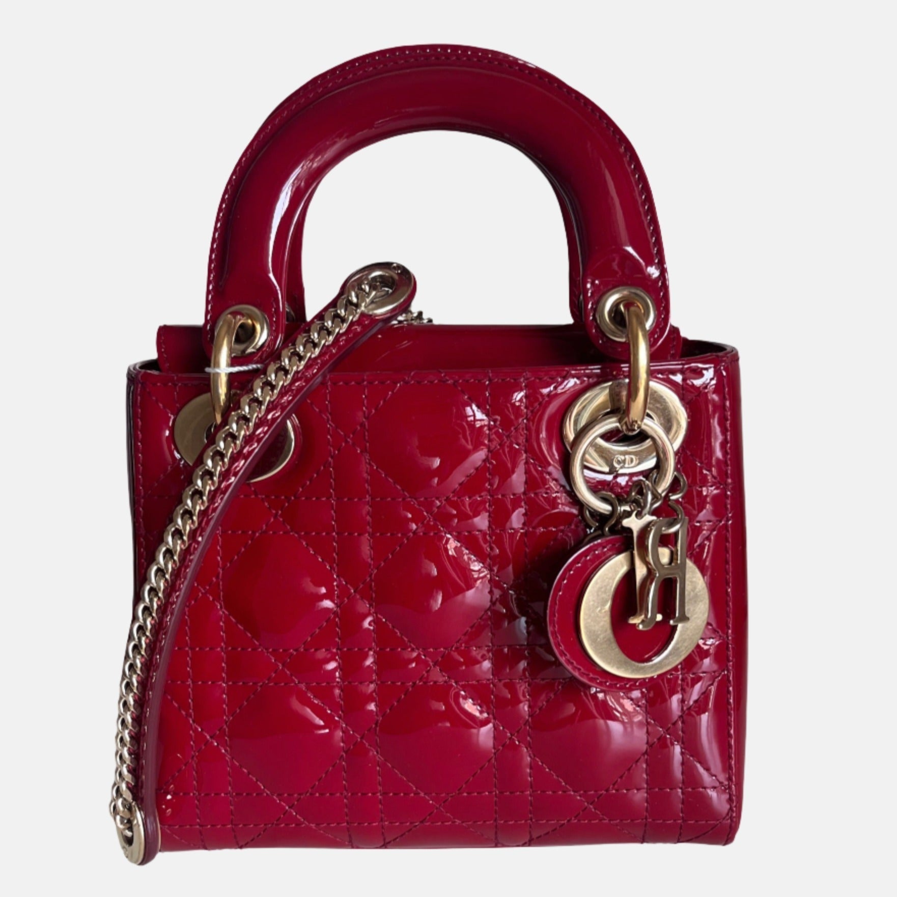 Lady Dior Mini Handbag Burgundy Red Patent Leather Gold-tone Chain Strap