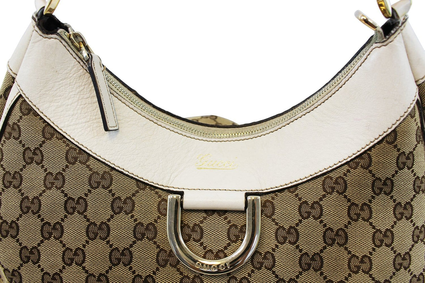 GUCCI Beige/White GG Canvas D Ring Hobo Bag -