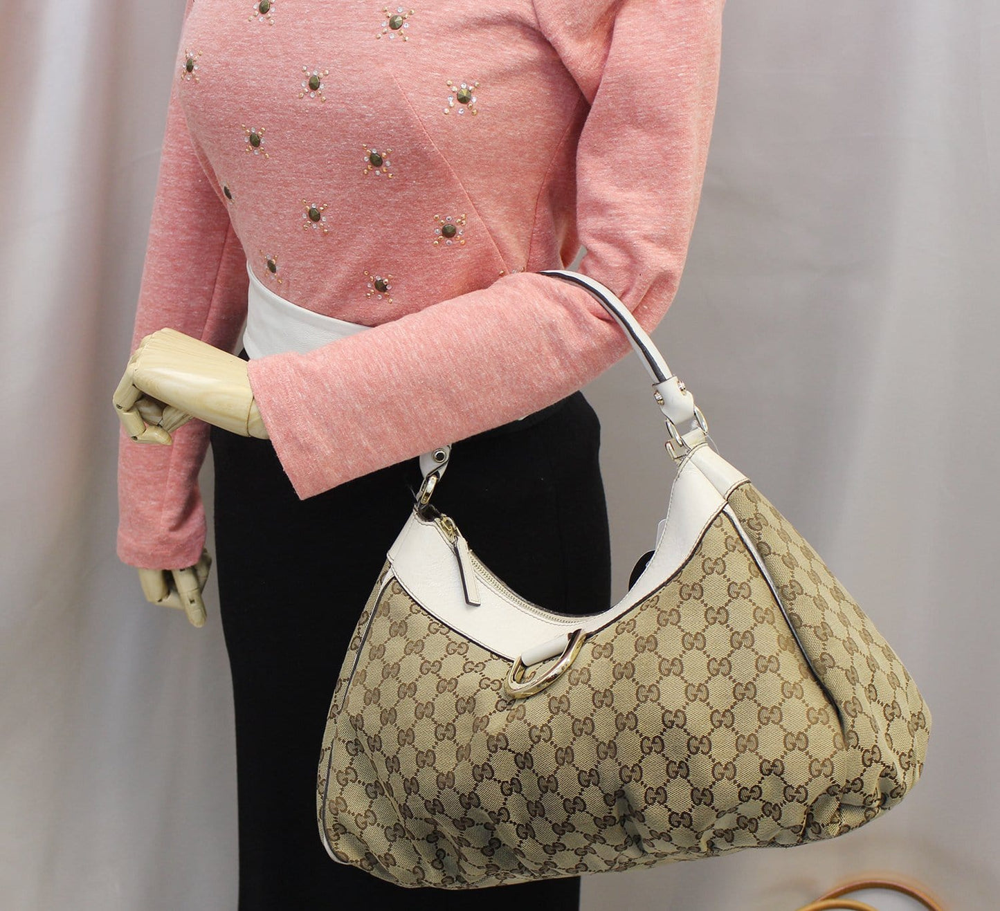 GUCCI Beige/White GG Canvas D Ring Hobo Bag -