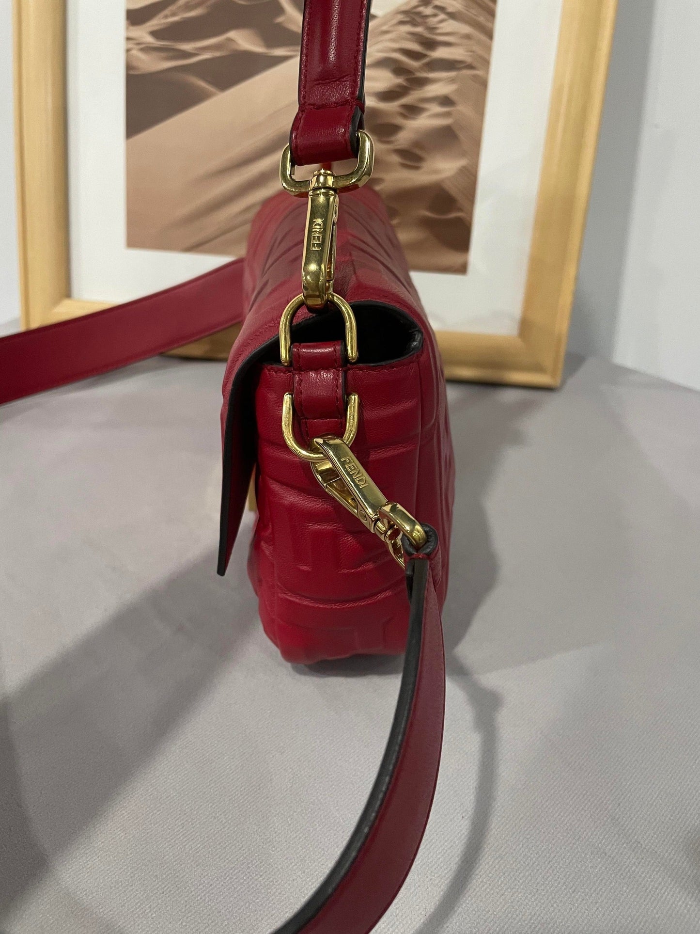 FENDI Baguette Red Soft Lambskin Nappa Leather 3D FF Motif Crossbody