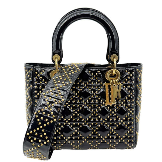 CHRISTIAN DIOR Lady Dior Medium Studded Cannage Patent Leather Crossbody Bag Black