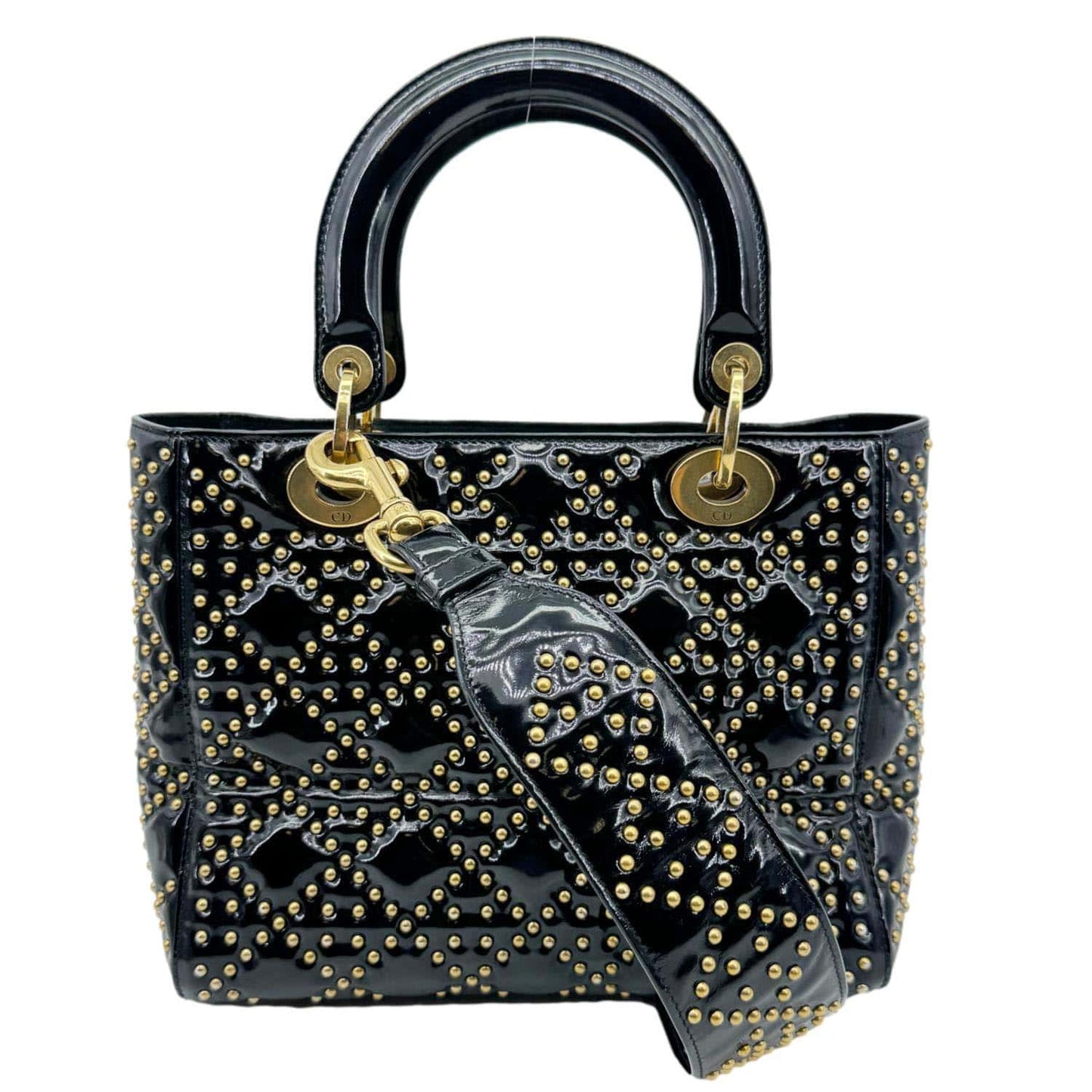 CHRISTIAN DIOR Lady Dior Medium Studded Cannage Patent Leather Crossbody Bag Black
