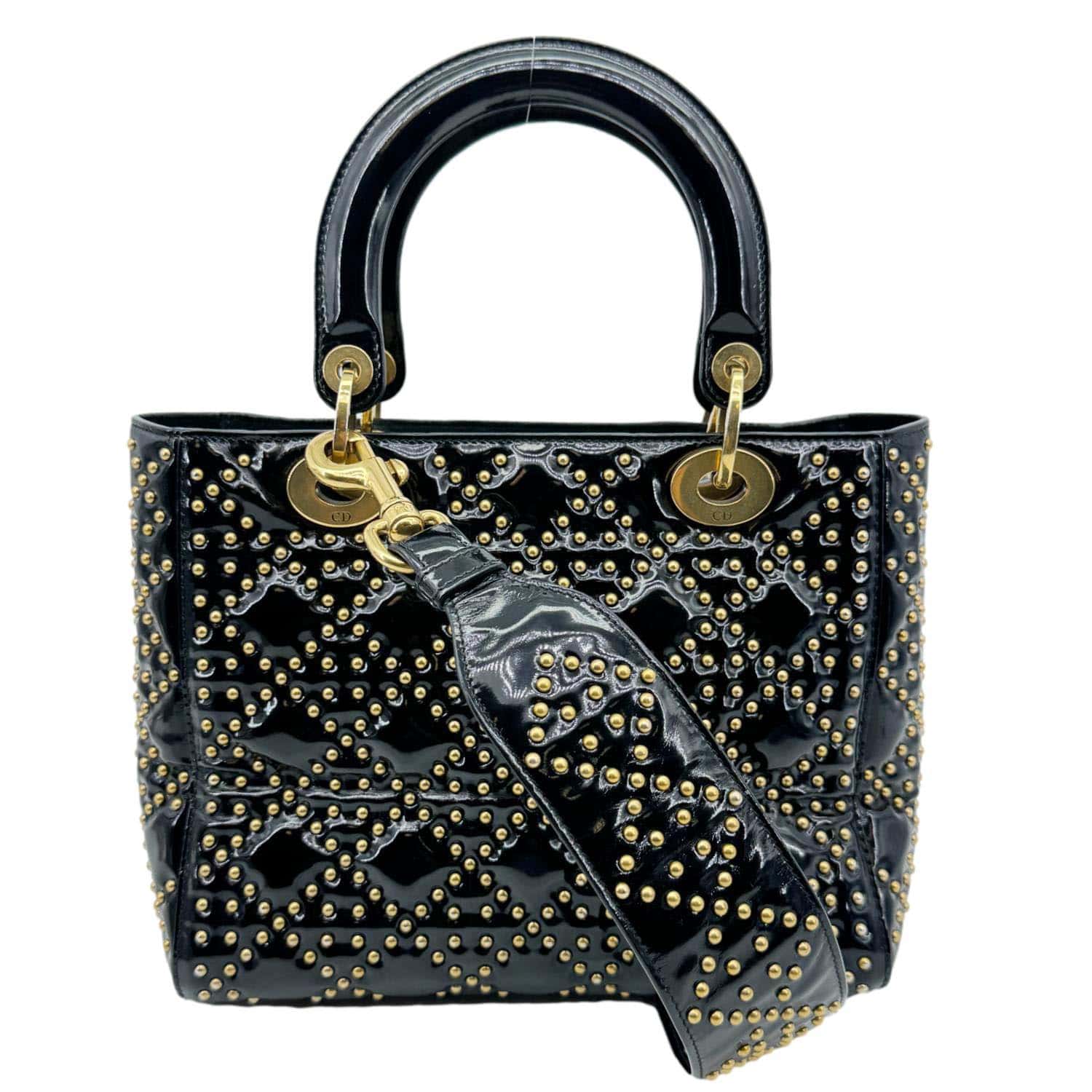 CHRISTIAN DIOR Lady Dior Medium Studded Cannage Patent Leather Crossbody Bag Black