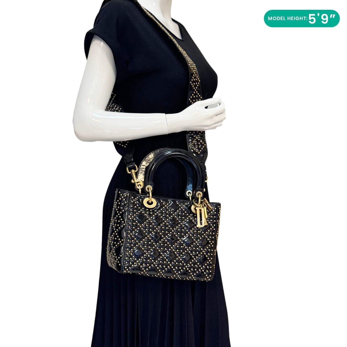 CHRISTIAN DIOR Lady Dior Medium Studded Cannage Patent Leather Crossbody Bag Black