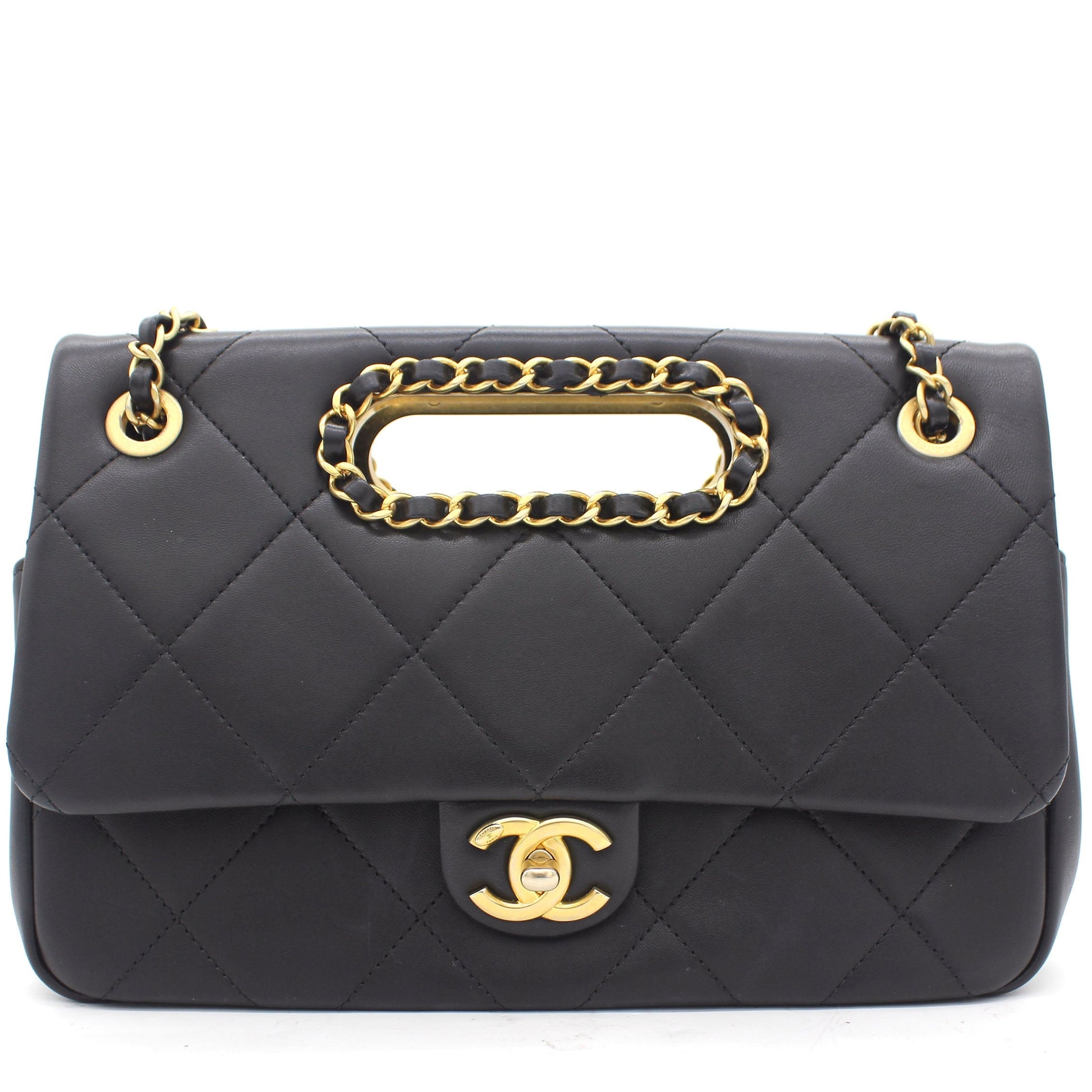 Chanel Black Quilted Smooth Calfskin Leather Jumbo Chain Detail Handle Flap Bag