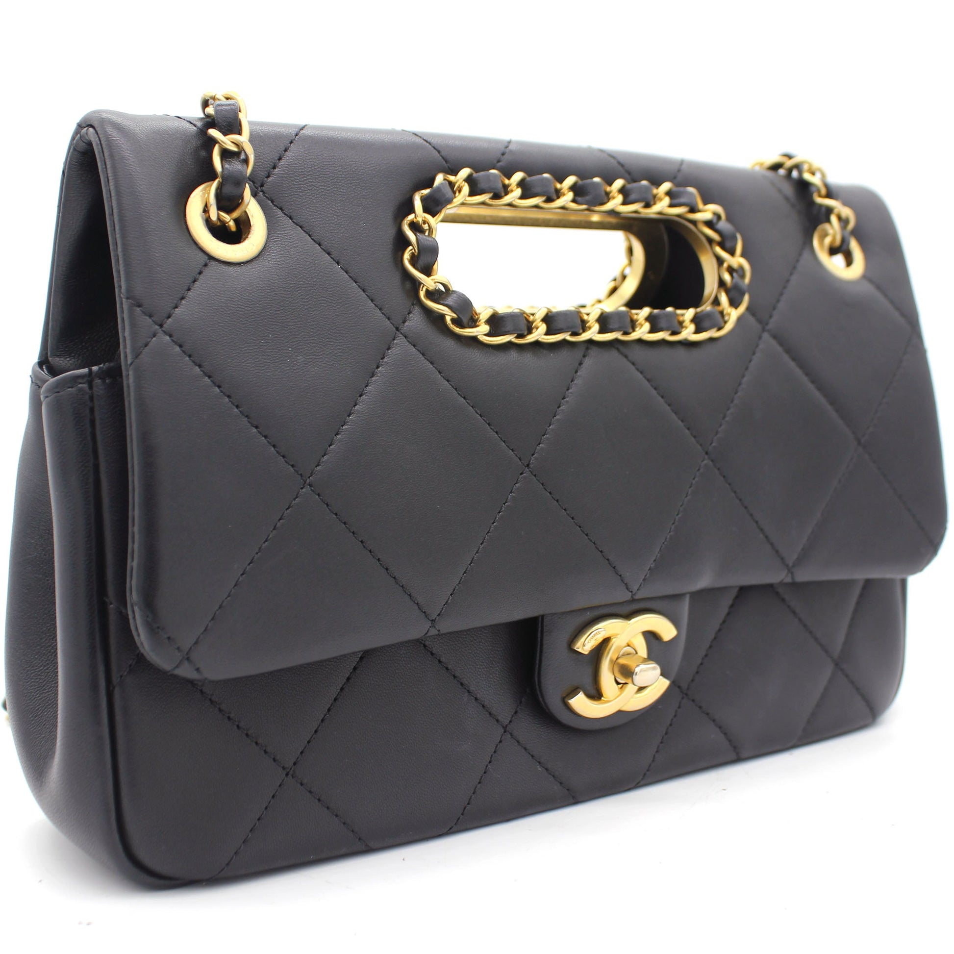 Chanel Black Quilted Smooth Calfskin Leather Jumbo Chain Detail Handle Flap Bag