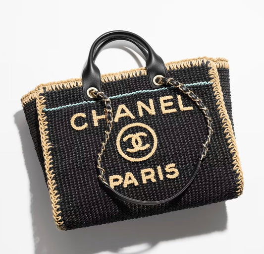 Chanel Black, Beige, Light Green Cotton Crochet Large Deauville Tote Gold Hardware