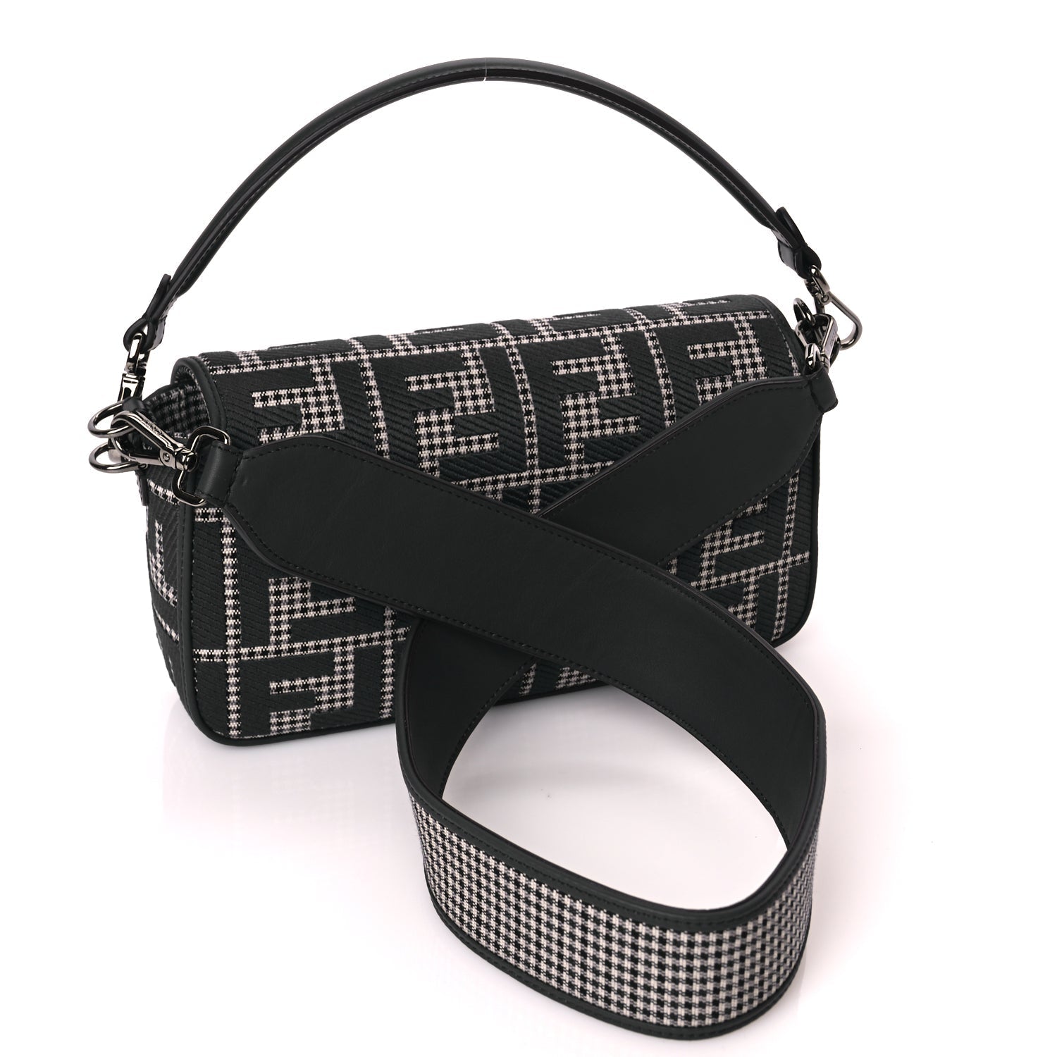 Fendi Wool Vitello King Houndstooth FF Embroidered Baguette Grigio Anthracite