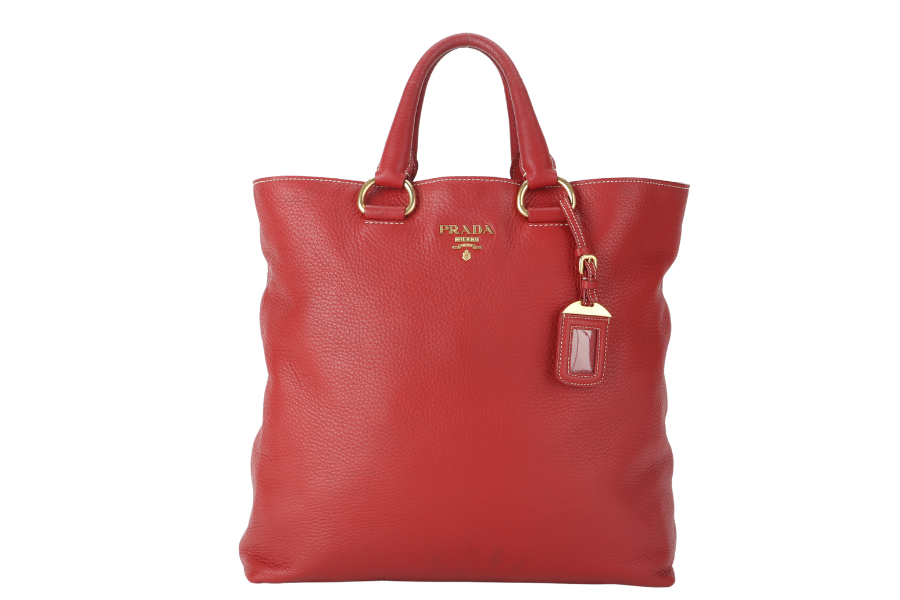 PRADA CONVERTIBLE VERTICAL TOTE RED GRAINED CALF LEATHER GOLD HARDWARE WITH DUST COVER AND STRAP