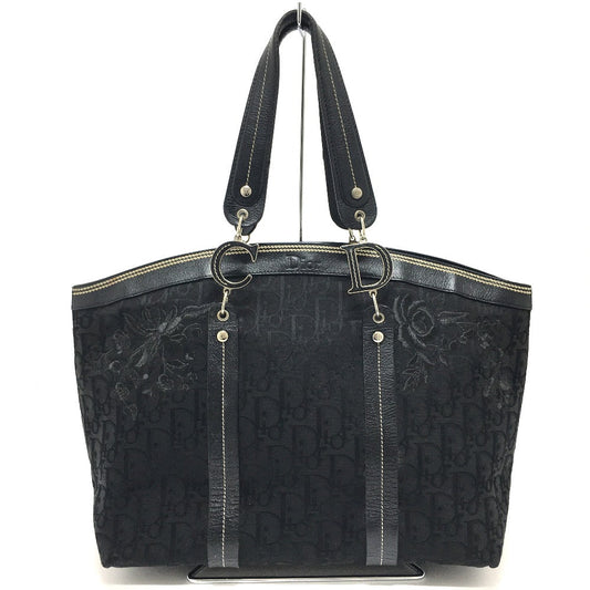 Christian Dior Tote Bag Canvas / leather black Flower embroidery Trotter Women