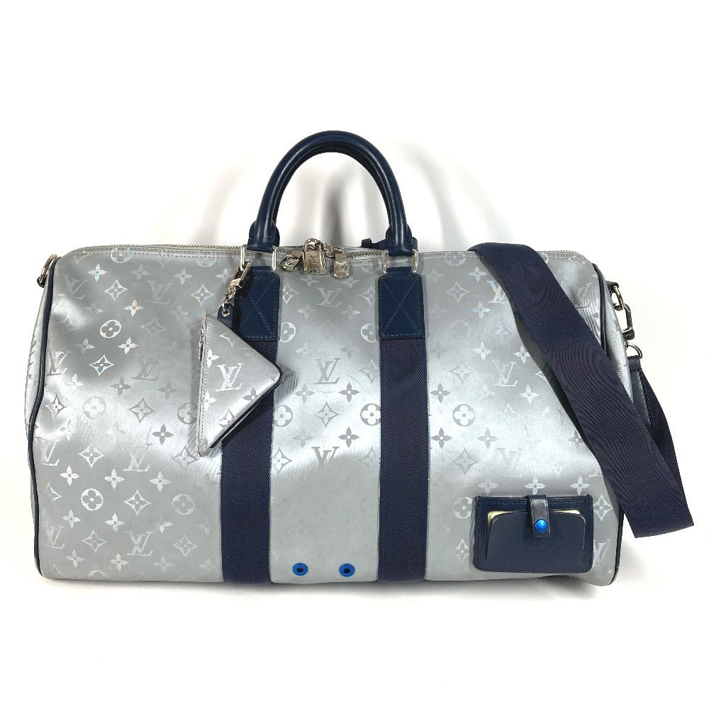 LOUIS VUITTON Boston Duffel bag Leather / canvas Silver Monogram satellite Keepall ?bandouliere 50