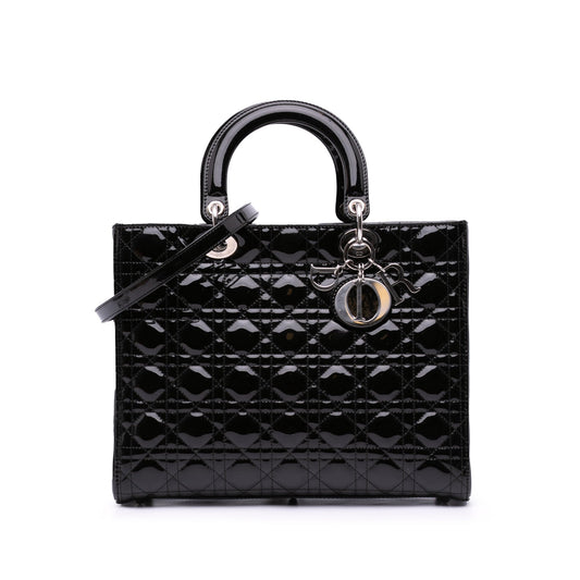 Black Dior Large Patent Cannage Lady Dior Satchel