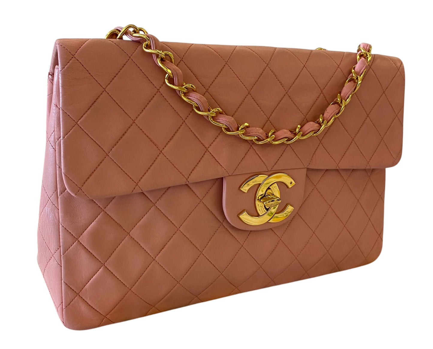 Chanel 90 s Barbie Pink Lambskin Maxi 24K Gold Hardware