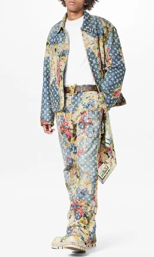 LOUIS VUITTON DISTRESSED DENIM MONOGRAM FLORAL WORKWEAR JACKET