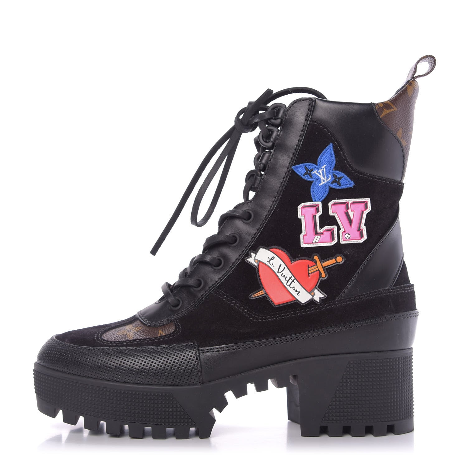 LOUIS VUITTON CALFSKIN MONOGRAM LV HEART LAUREATE PLATFORM DESERT BOOTS
