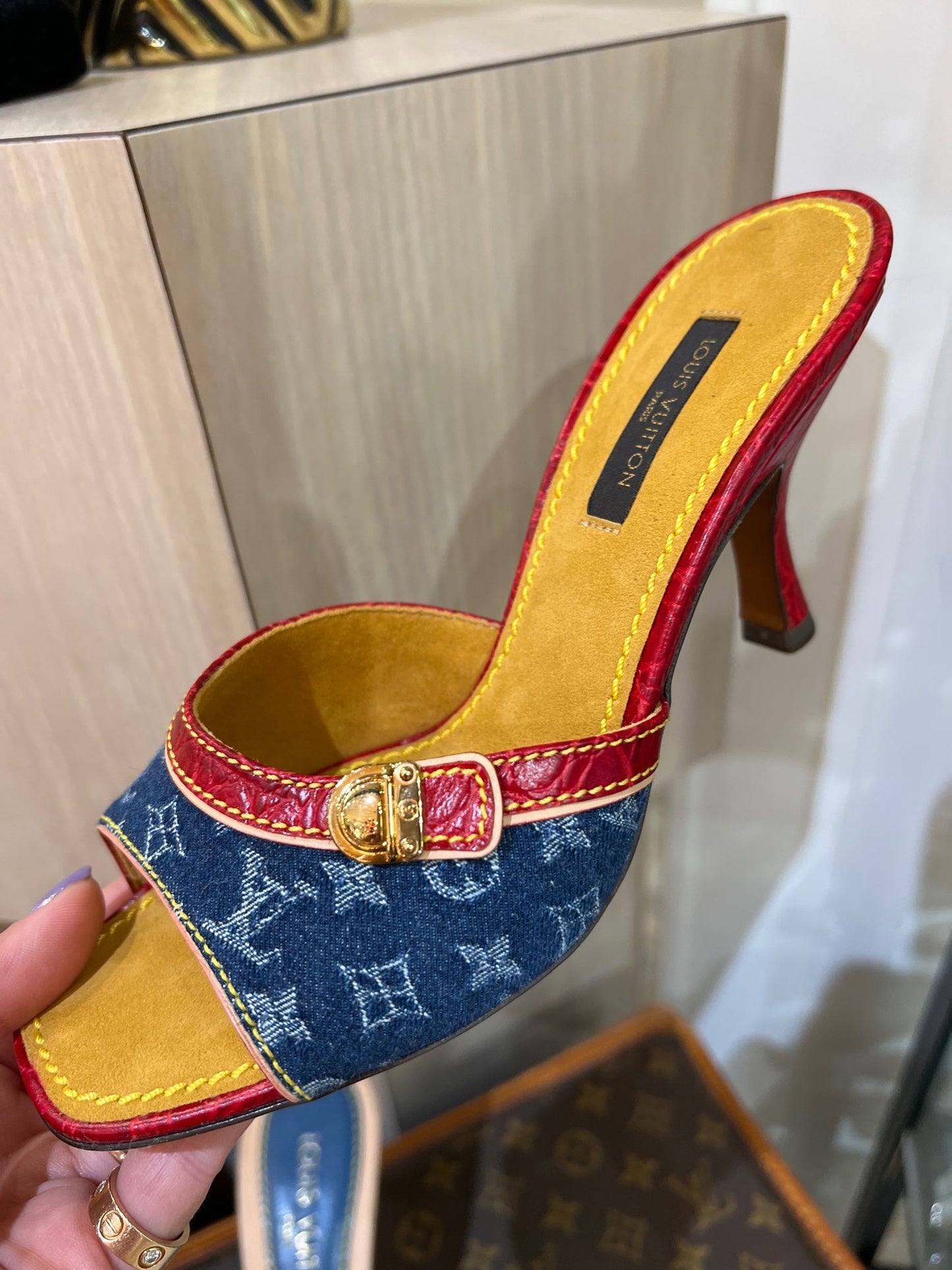 LOUIS VUITTON MONOGRAM DENIM AND LEATHER SLIDE MULES