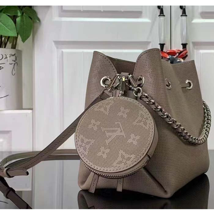 Louis Vuitton LV Women Bella Bucket Bag Gray Mahina Perforated Calfskin Leather