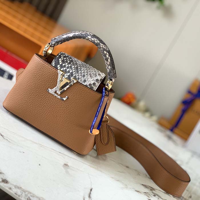 Louis Vuitton LV Women Capucines Mini Handbag Golden Yellow Taurillon Leather Python Skin
