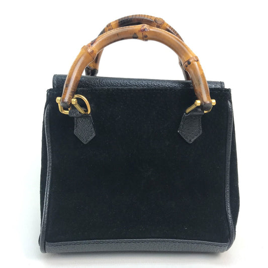 GUCCI Shoulder Bag Suede / leather Black x brown Pochette Bamboo Women