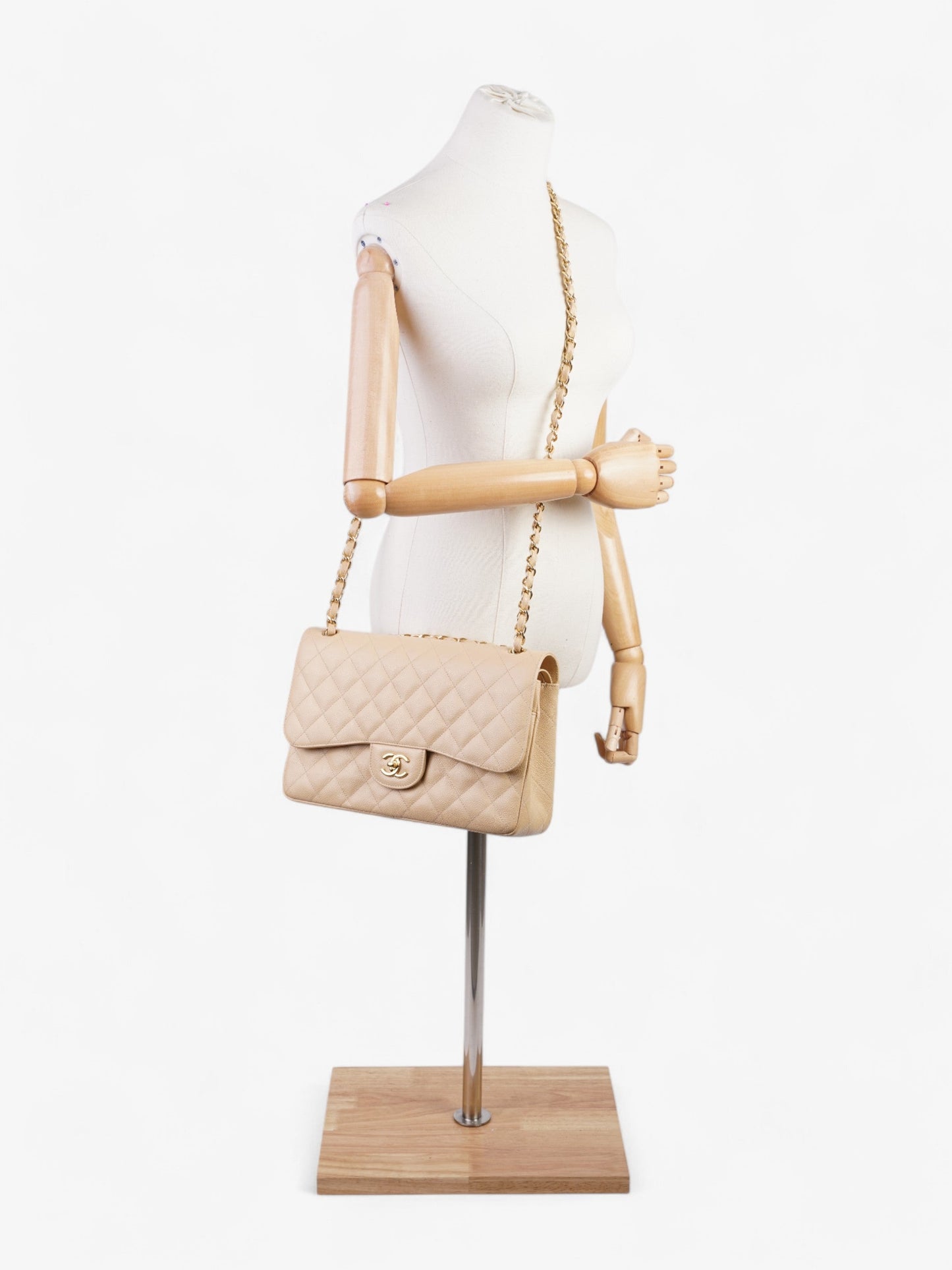 Chanel Classic Double Flap Beige Caviar Leather Jumbo