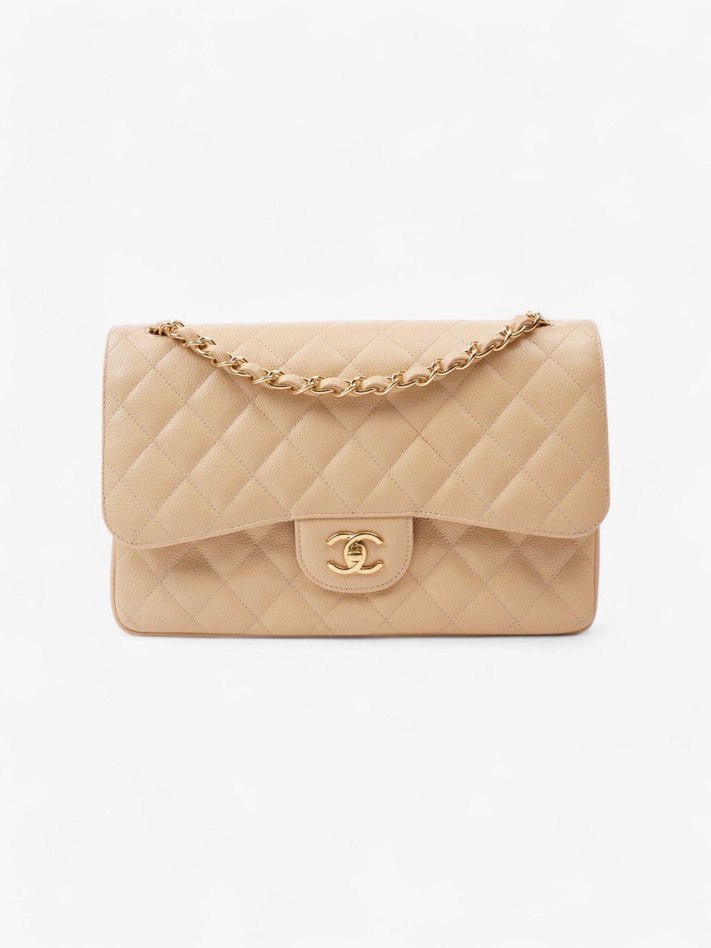 Chanel Classic Double Flap Beige Caviar Leather Jumbo