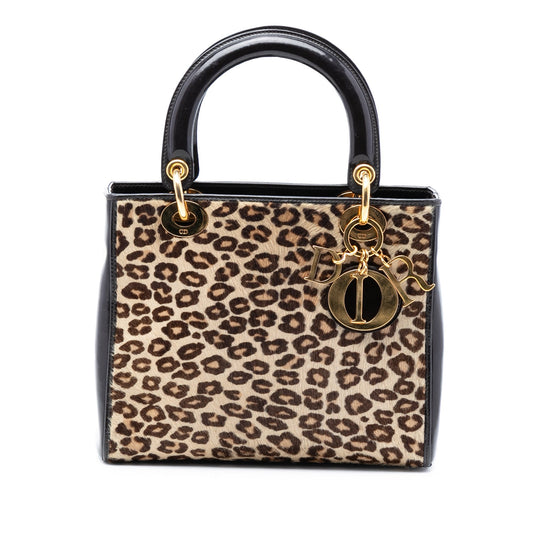 Brown Dior Medium Pony Hair Leopard Print Lady Dior Satchel